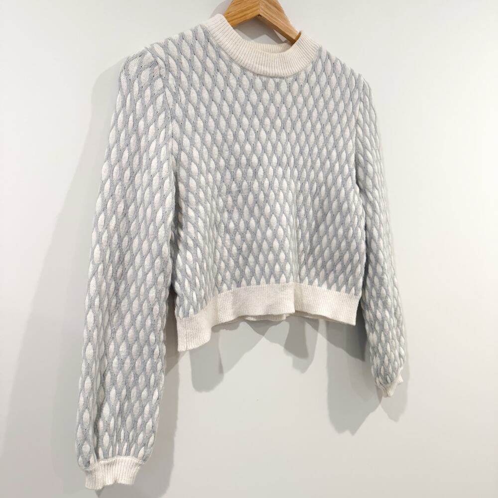 ANTHROPOLOGIE Pepin Diamond Knit Crop Pullover Sweater Gray Ivory XS EUC - Picture 2 of 5